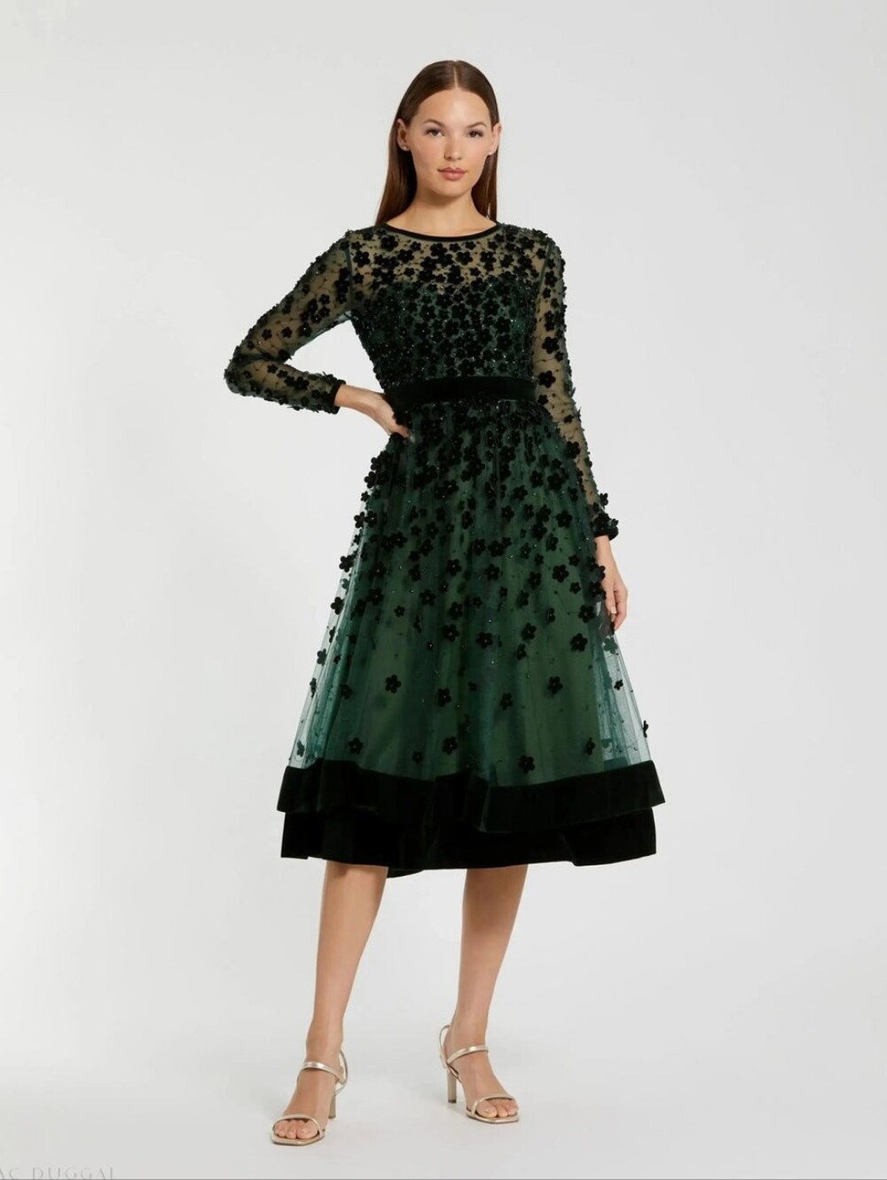 Mac Duggal 67007 Emerald Green Floral Appliqué Tulle Midi Dress | Size 10